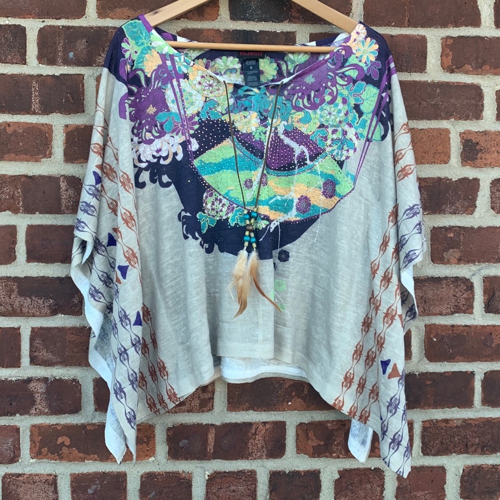 Poncho like Custo top. Bead/feather details.